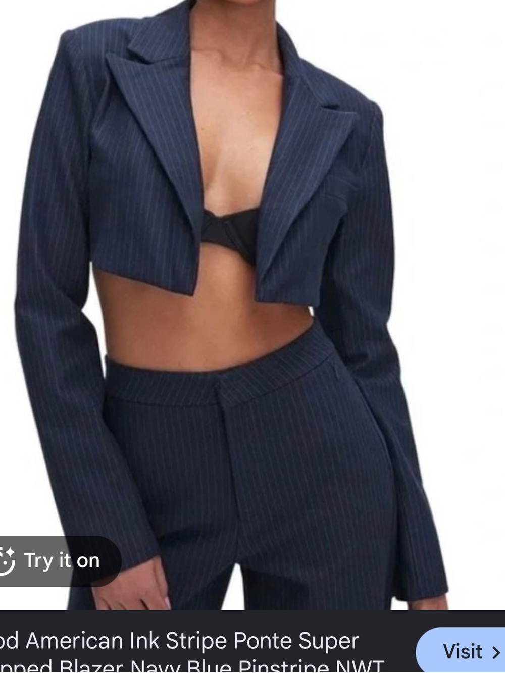 Good American Navy Pinstripe Cropped Blazer & High-Waist Trousers